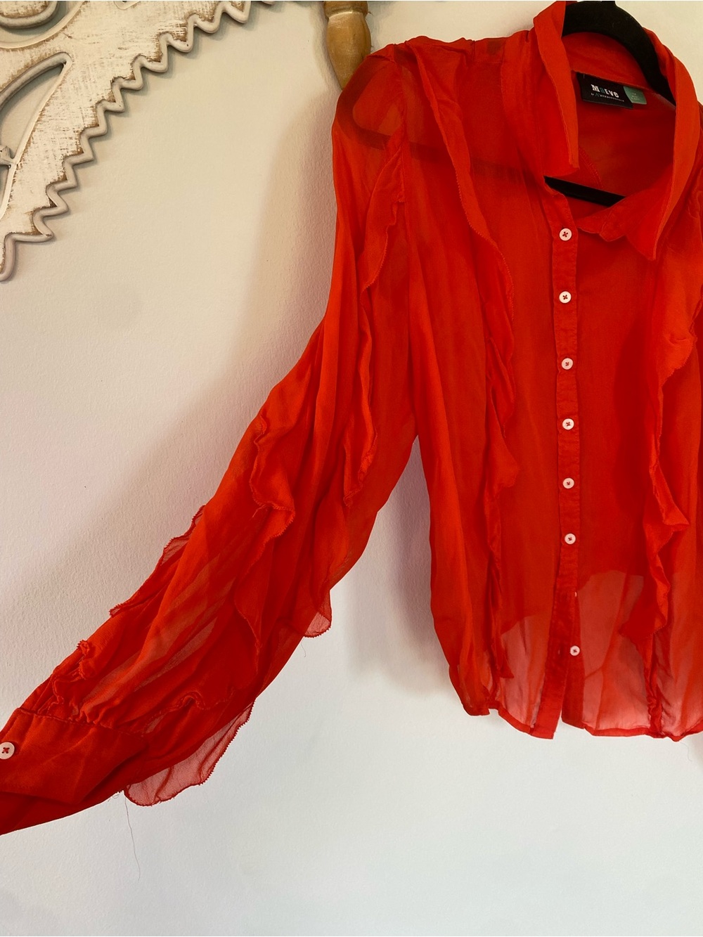 Anthropologie Maeve Sheer Ruffle Button-Up Flowy Blouse in Red/Orange - size 1x - Picture 7 of 9